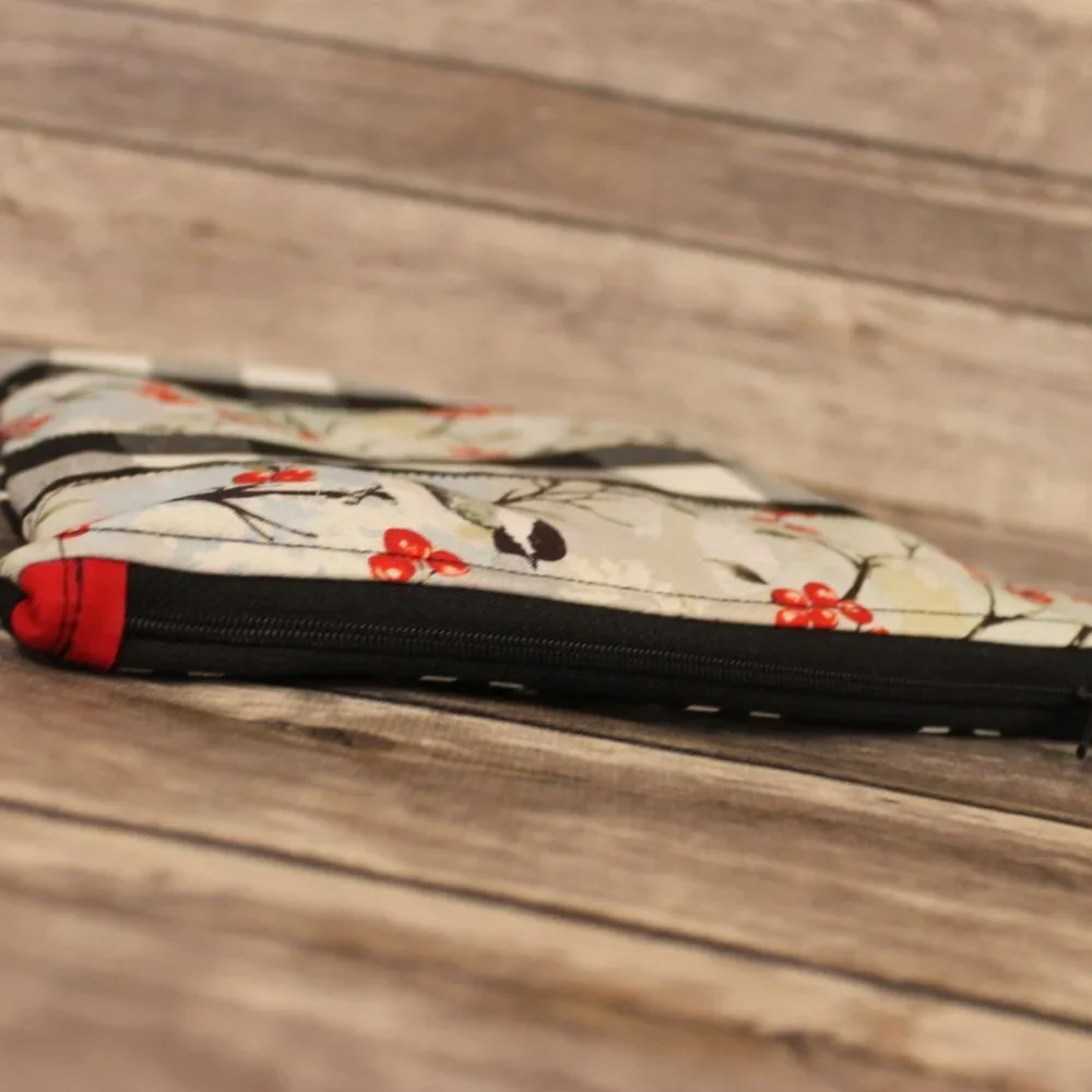 Robin Printed Black & White Buffalo Check Berries Zippered Pouch & Sunglass Case